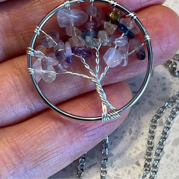 Crushed Stone Silver Color Tree Of Life Necklace - Picture 5 of 9